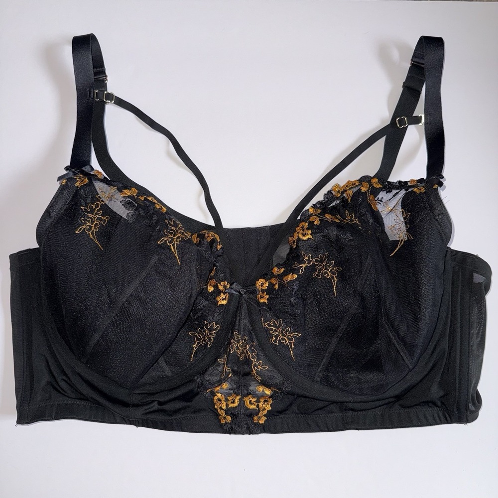 Cacique 46D Black Embroidered Lace Longline Underwire Bra Strappy Mesh Sheer